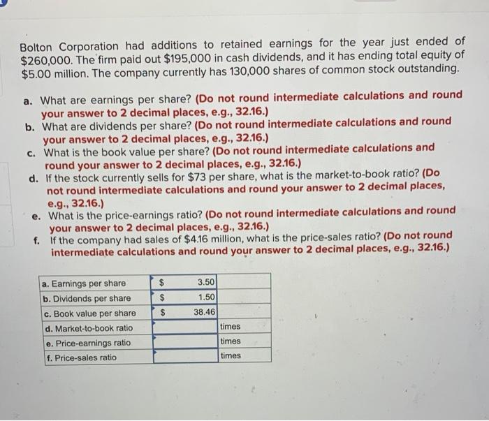 Bolton corporation had additions to retained earnings