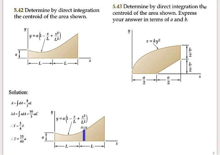 Determine the centroid of the area shown by direct integration.