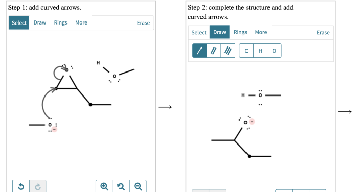 Complete the mechanism for the base-catalyzed opening of the epoxide